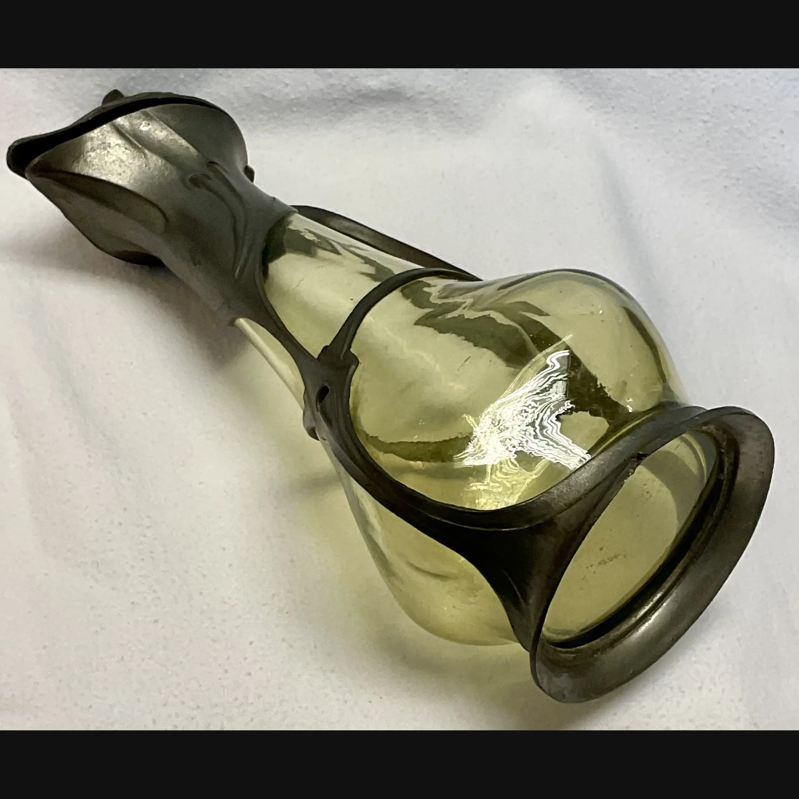 art nouveau jugendstil secessionist pewter and olive green glass liqueur jug