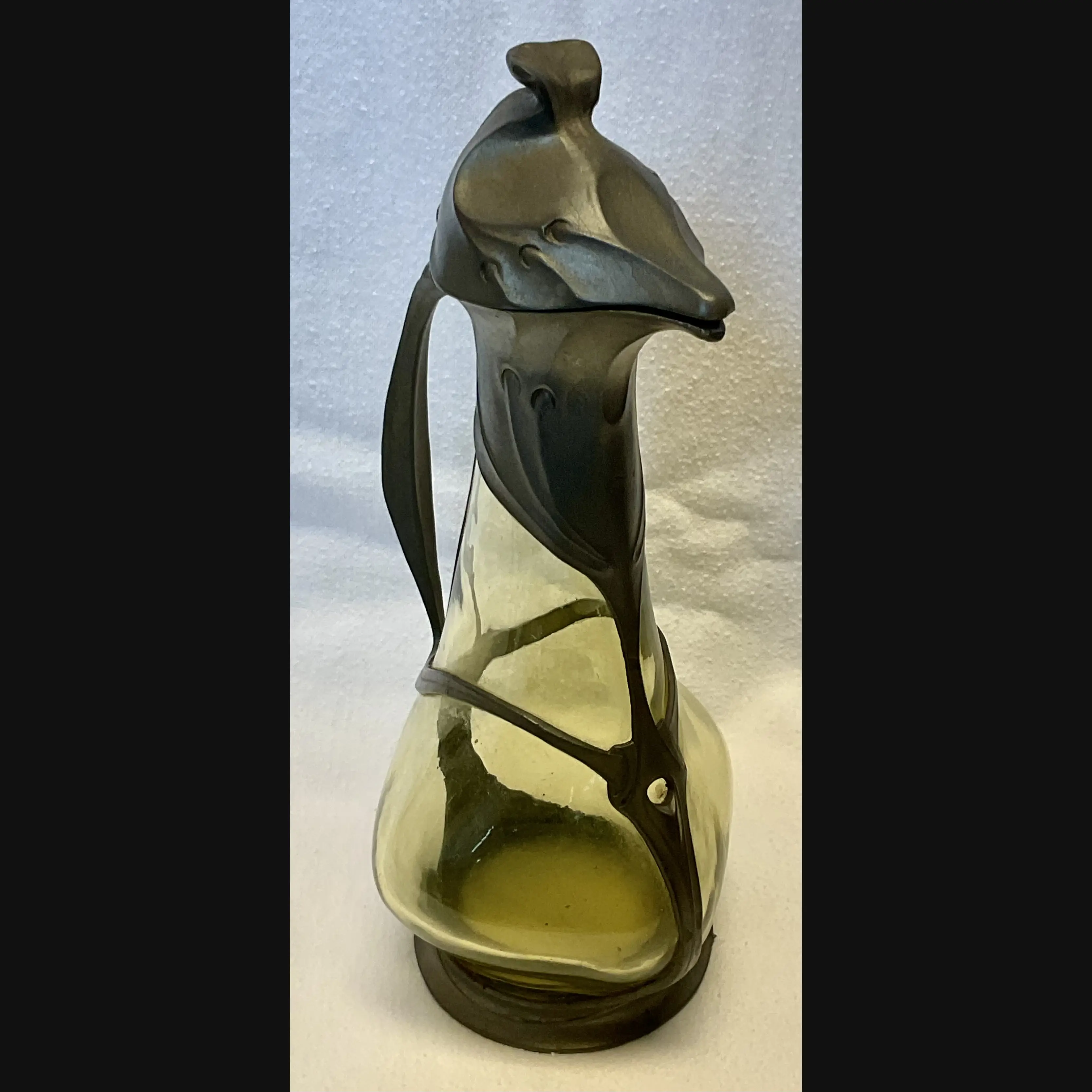 art nouveau jugendstil secessionist pewter and olive green glass liqueur jug