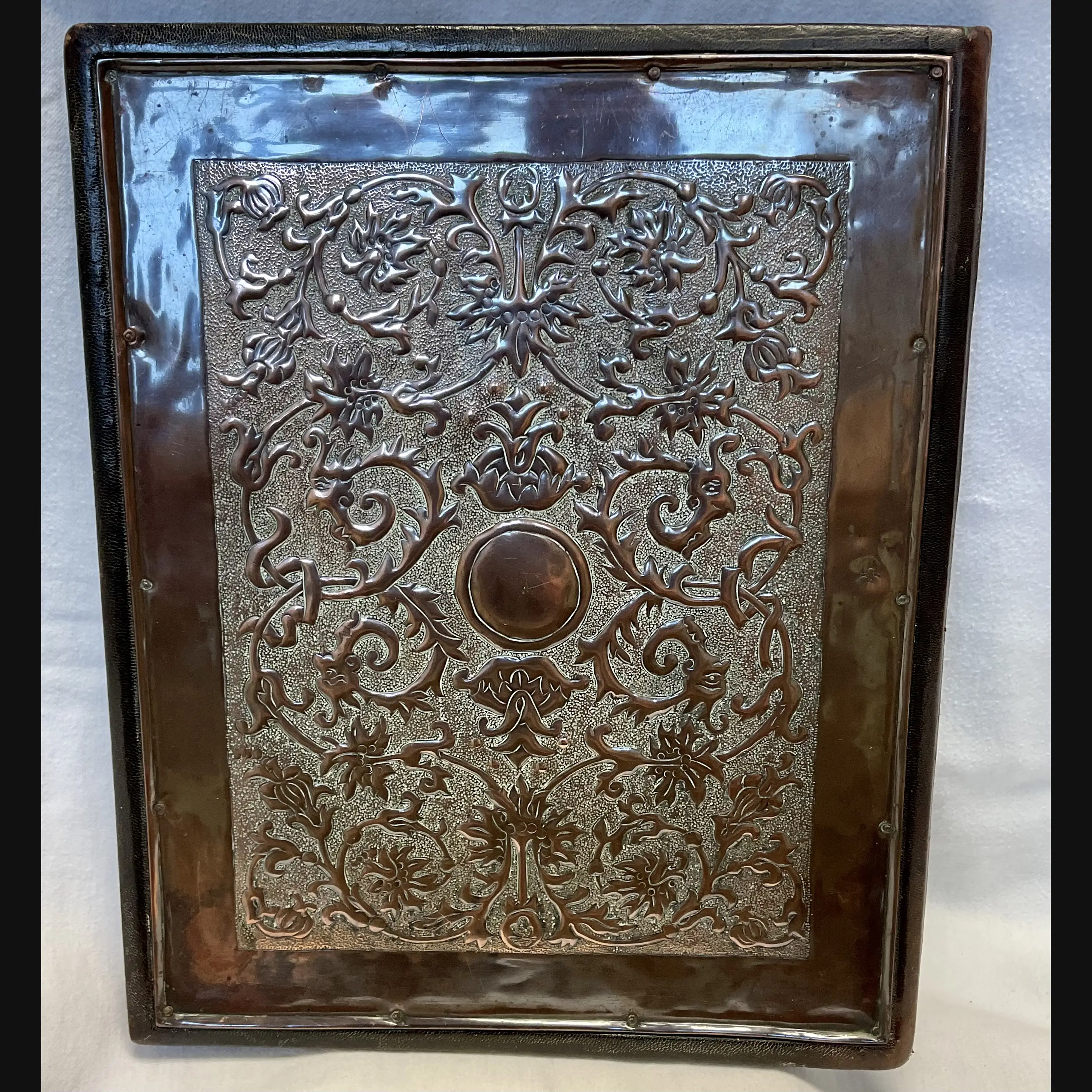 keswick school of industrial art arts and crafts copper mounted folio document case with grotesques