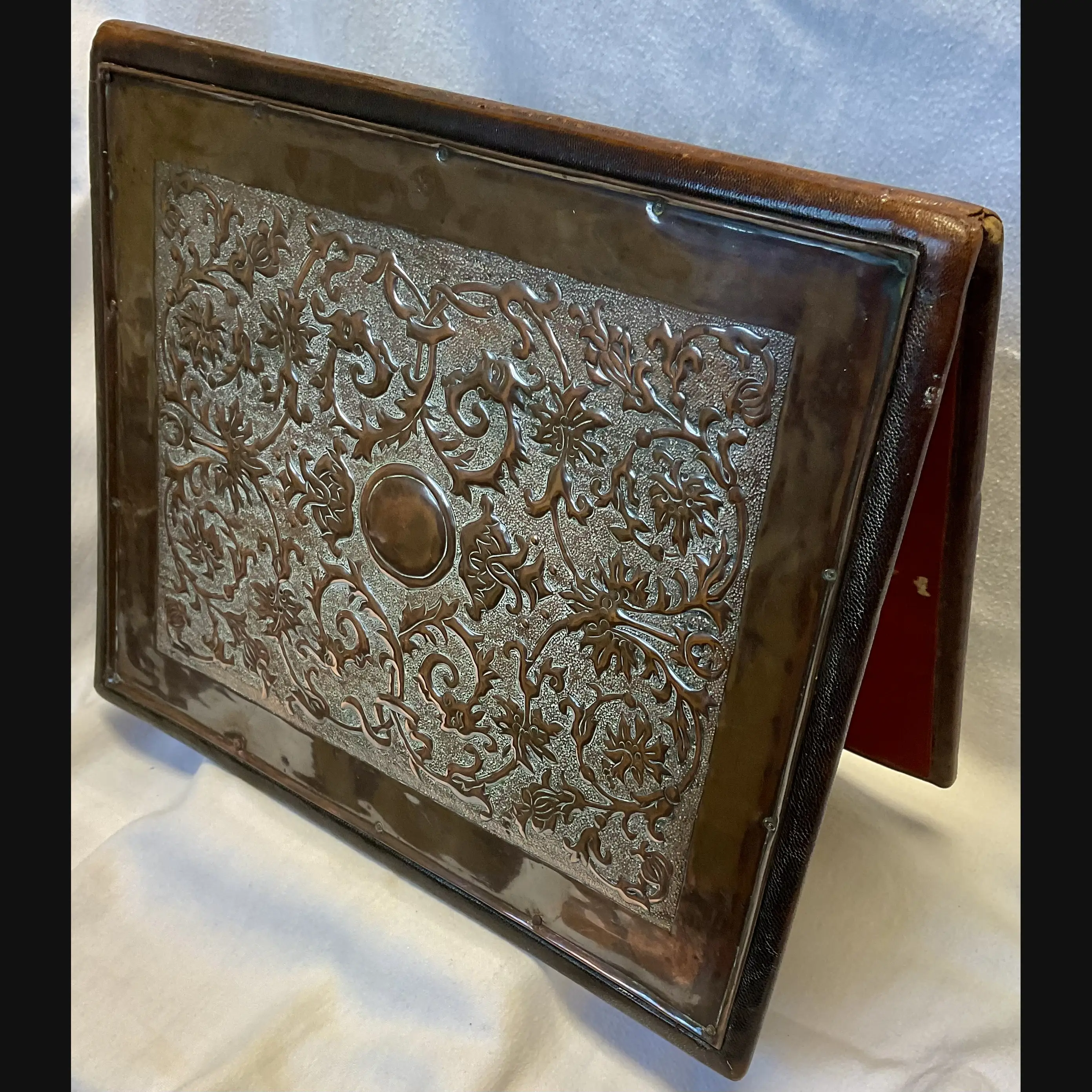 keswick school of industrial art arts and crafts copper mounted folio document case with grotesques