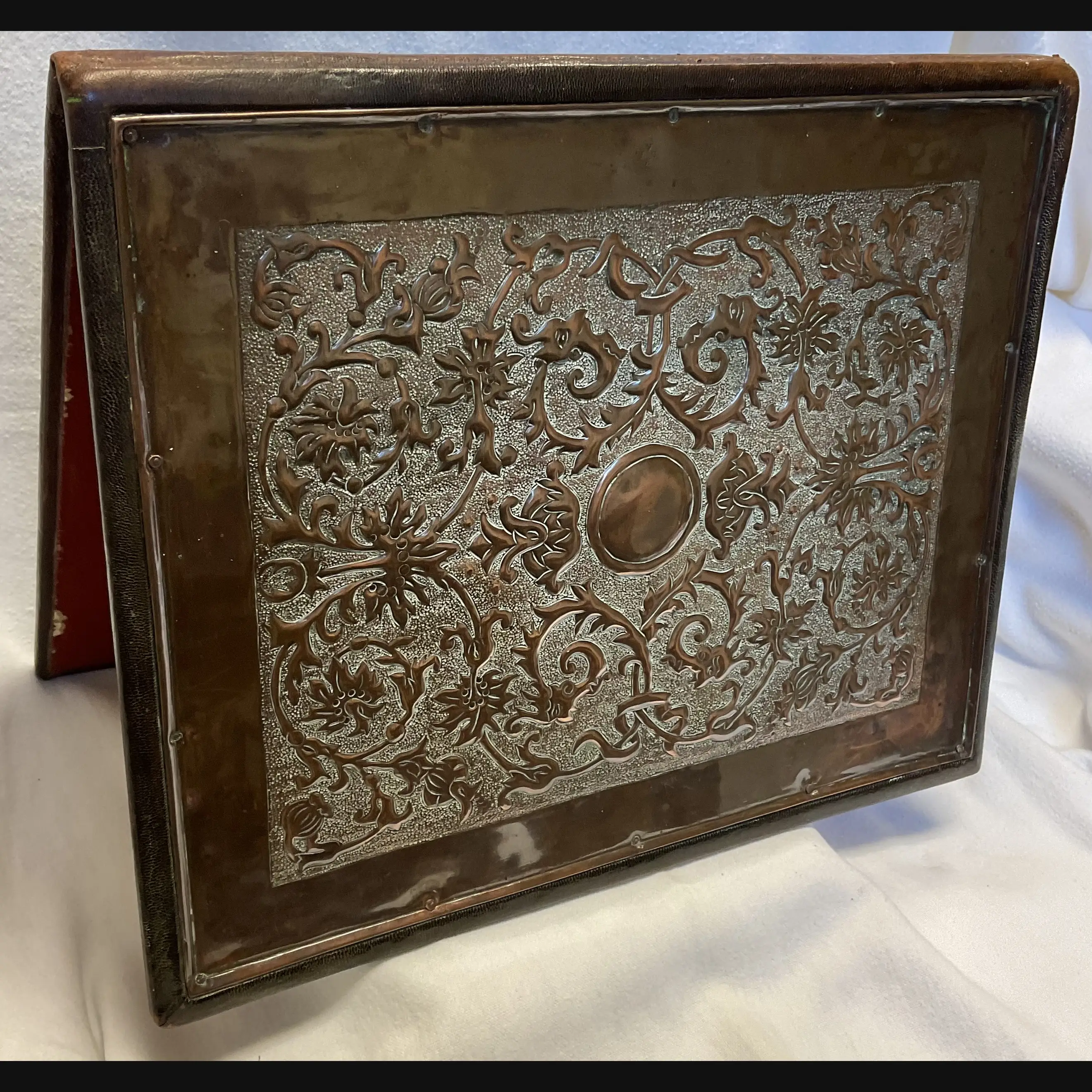 keswick school of industrial art arts and crafts copper mounted folio document case with grotesques