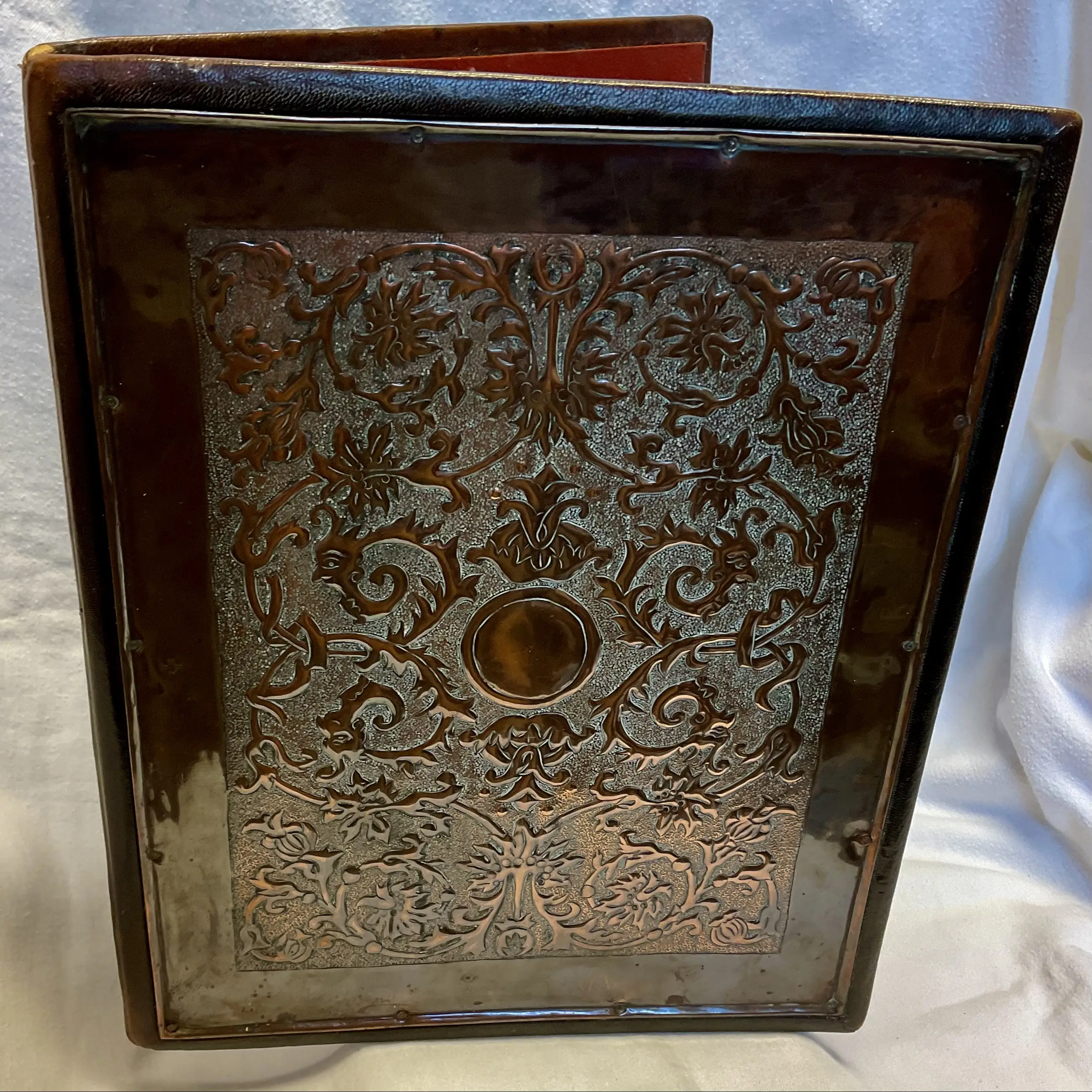 keswick school of industrial art arts and crafts copper mounted folio document case with grotesques