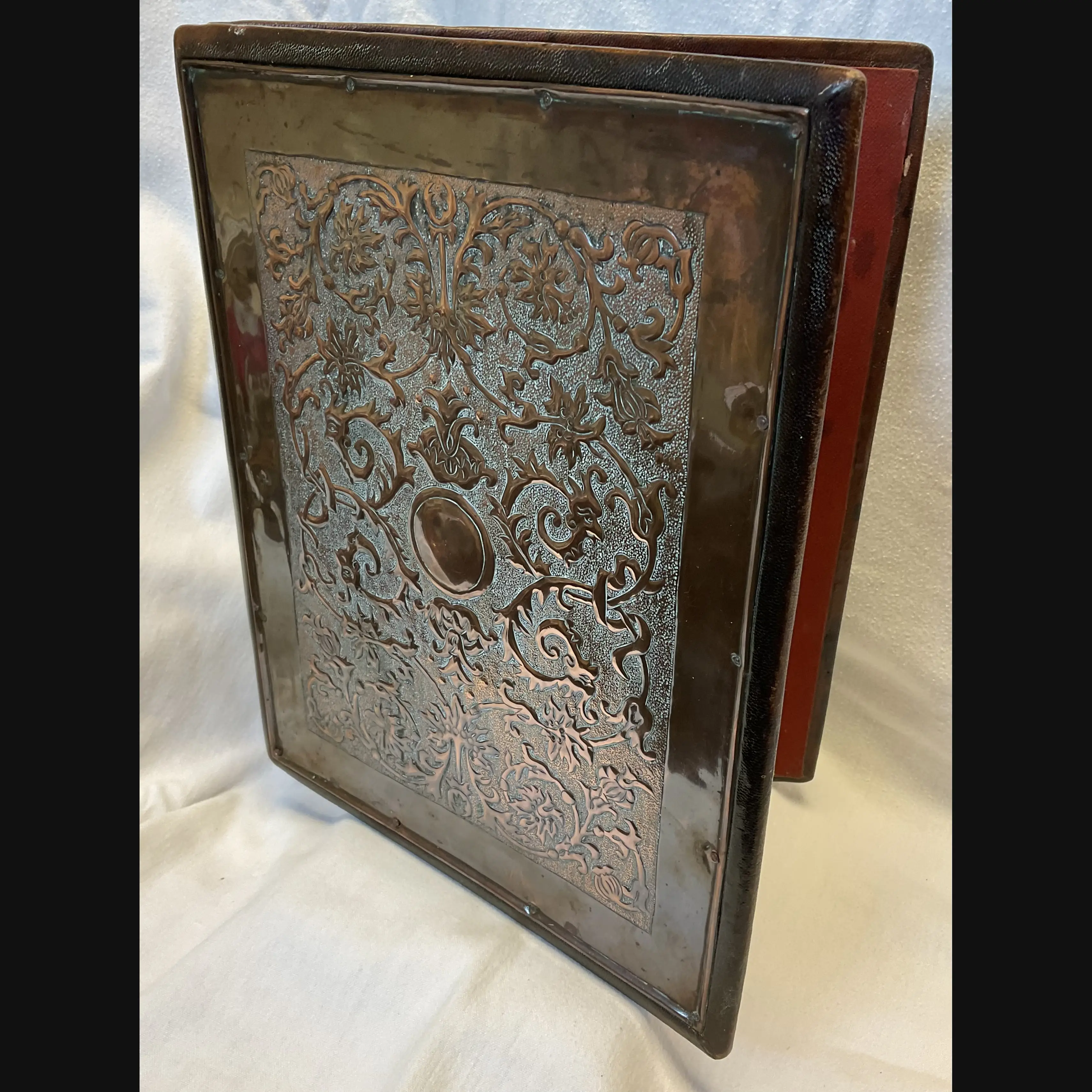 keswick school of industrial art arts and crafts copper mounted folio document case with grotesques