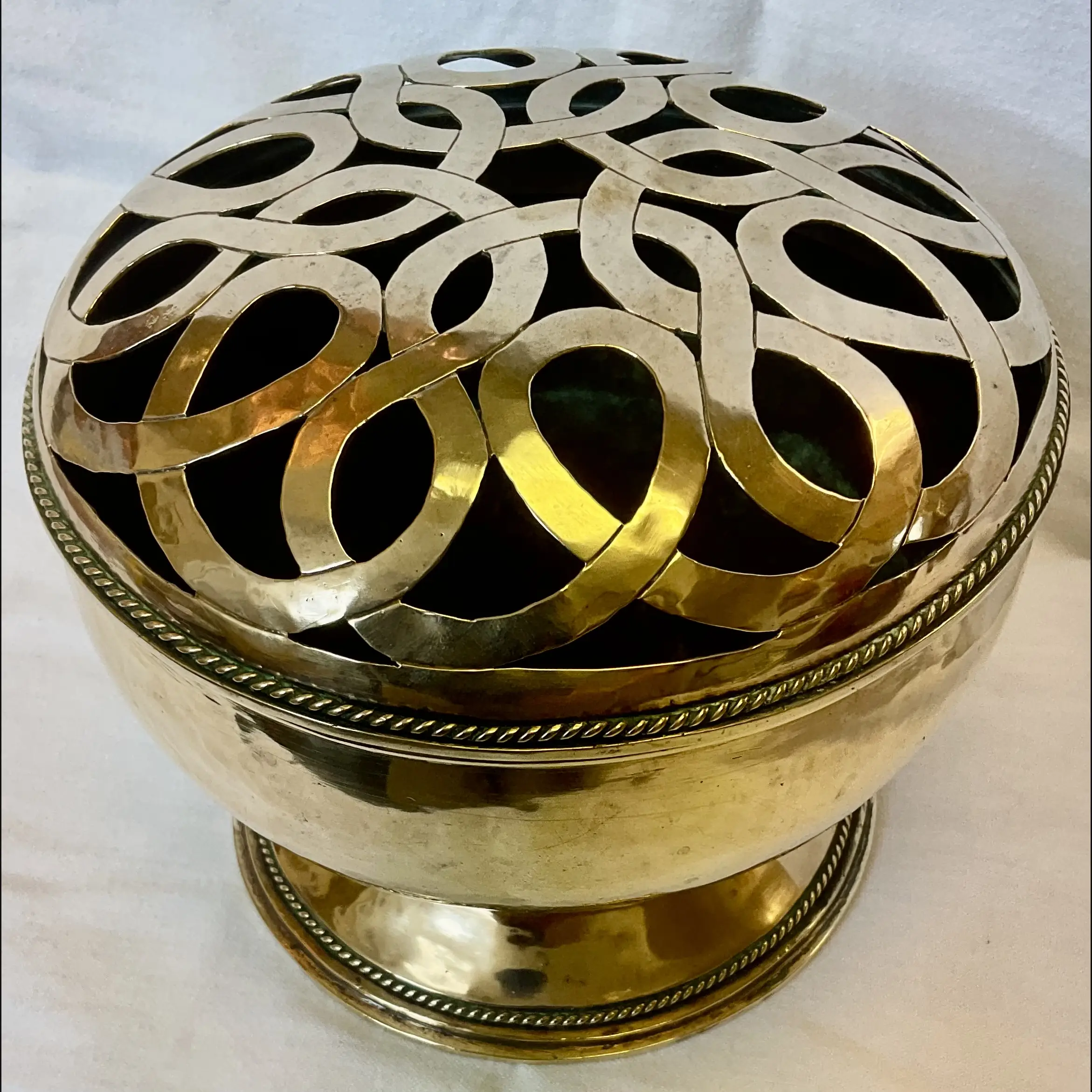 arts and crafts brass rose bowl with pierced celtic cover and elaborate wire work c19100 10
