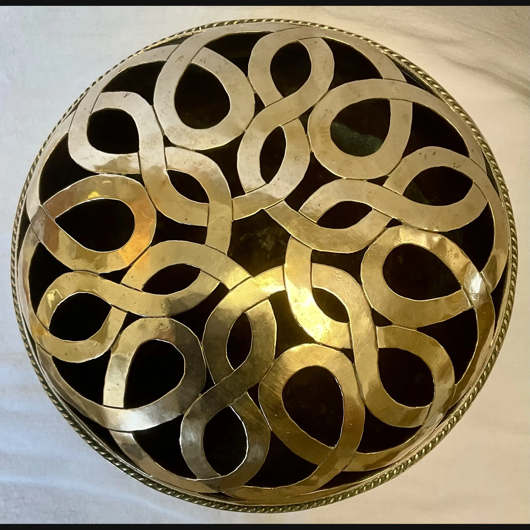 arts and crafts brass rose bowl with pierced celtic cover and elaborate wire work c19100 10