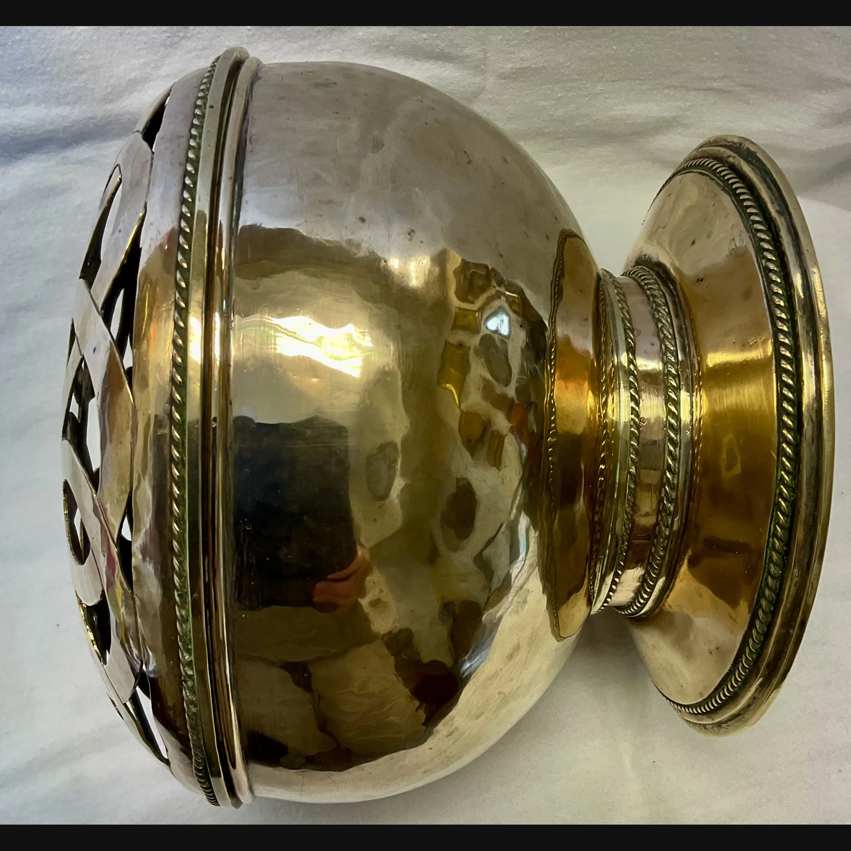 arts and crafts brass rose bowl with pierced celtic cover and elaborate wire work c19100 10