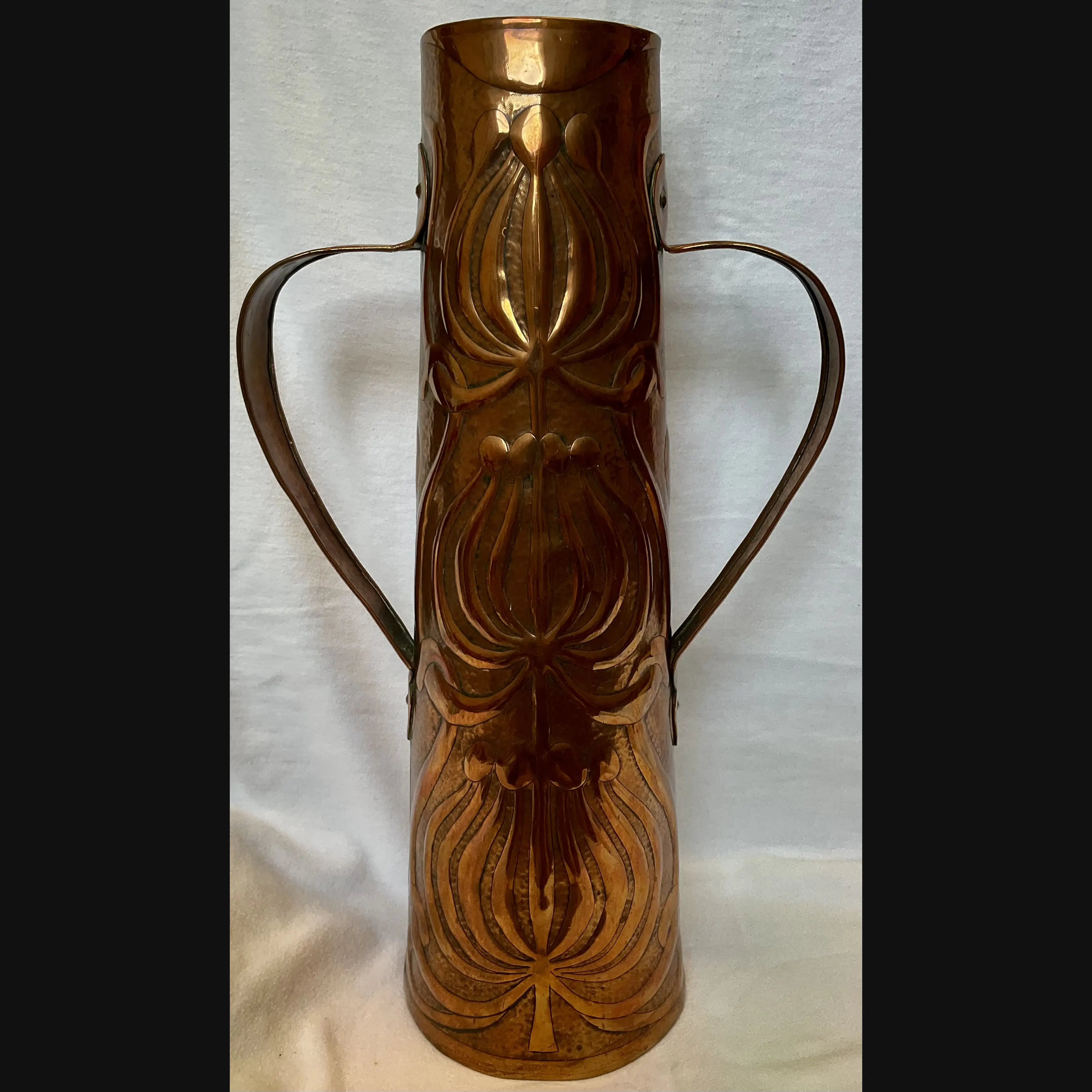 large arts and crafts yattendon metal working class mrs waterhouse des two handled art nouveau copper vase