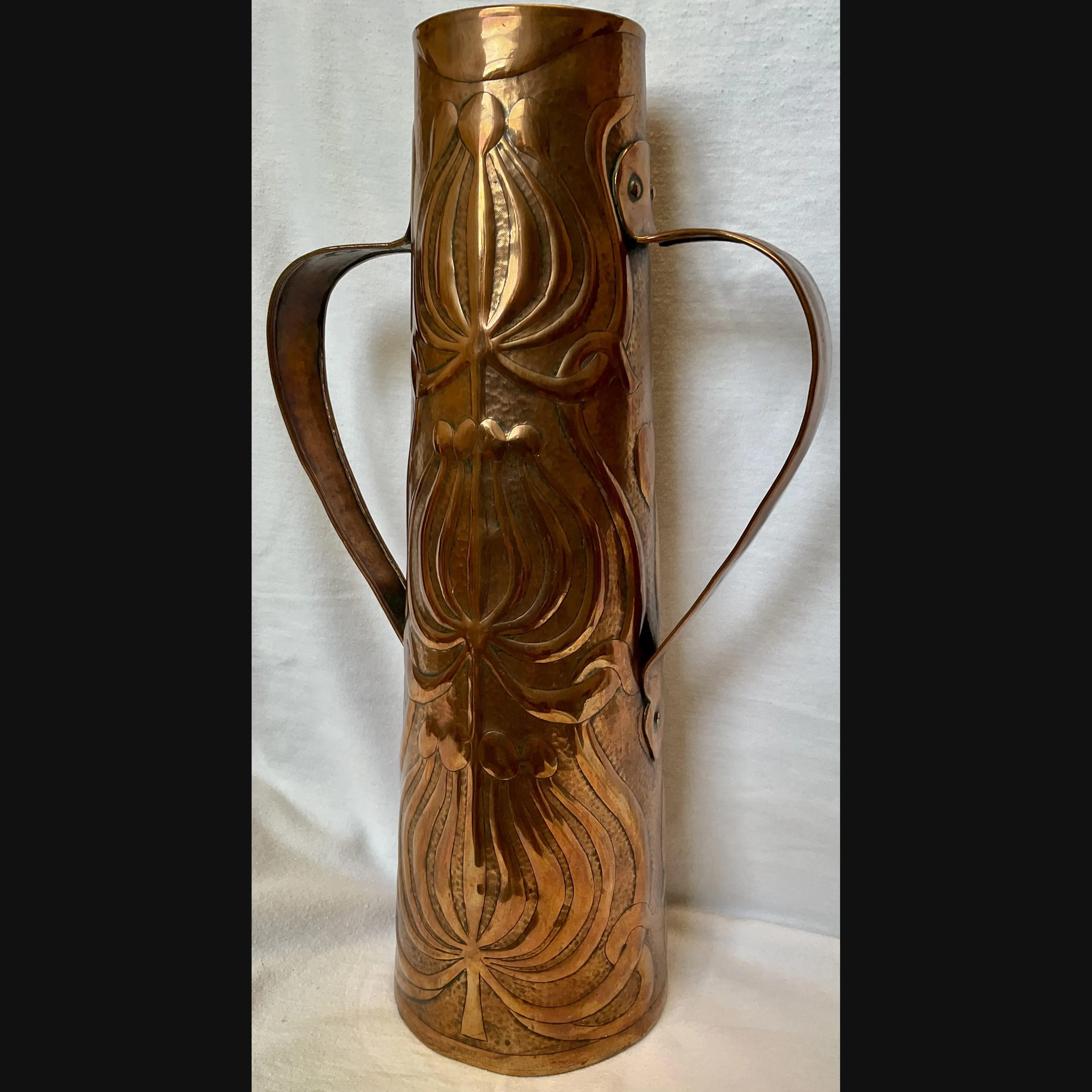 large arts and crafts yattendon metal working class mrs waterhouse des two handled art nouveau copper vase