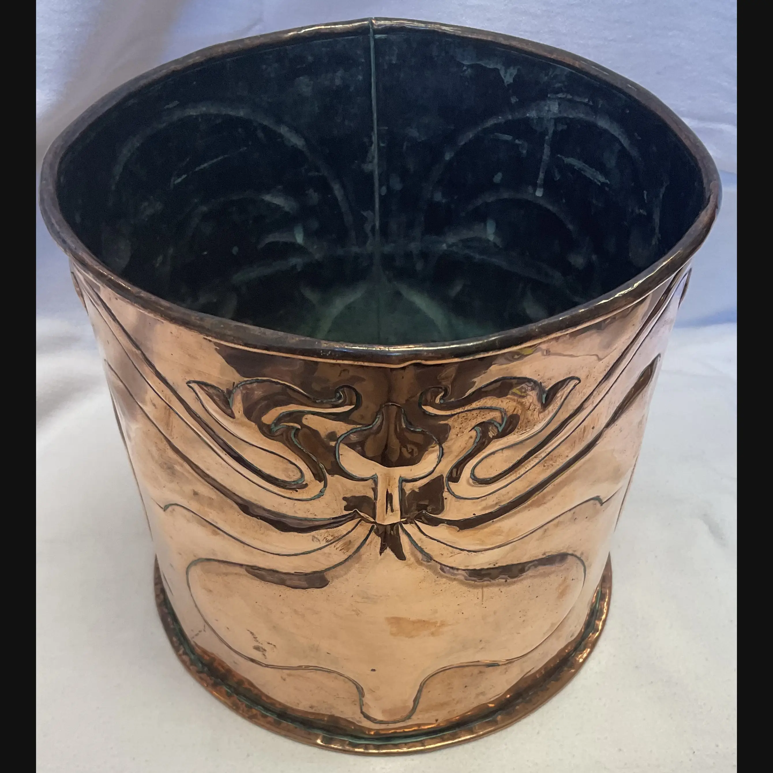 arts and crafts copper planter with art nouveau decoration c1910