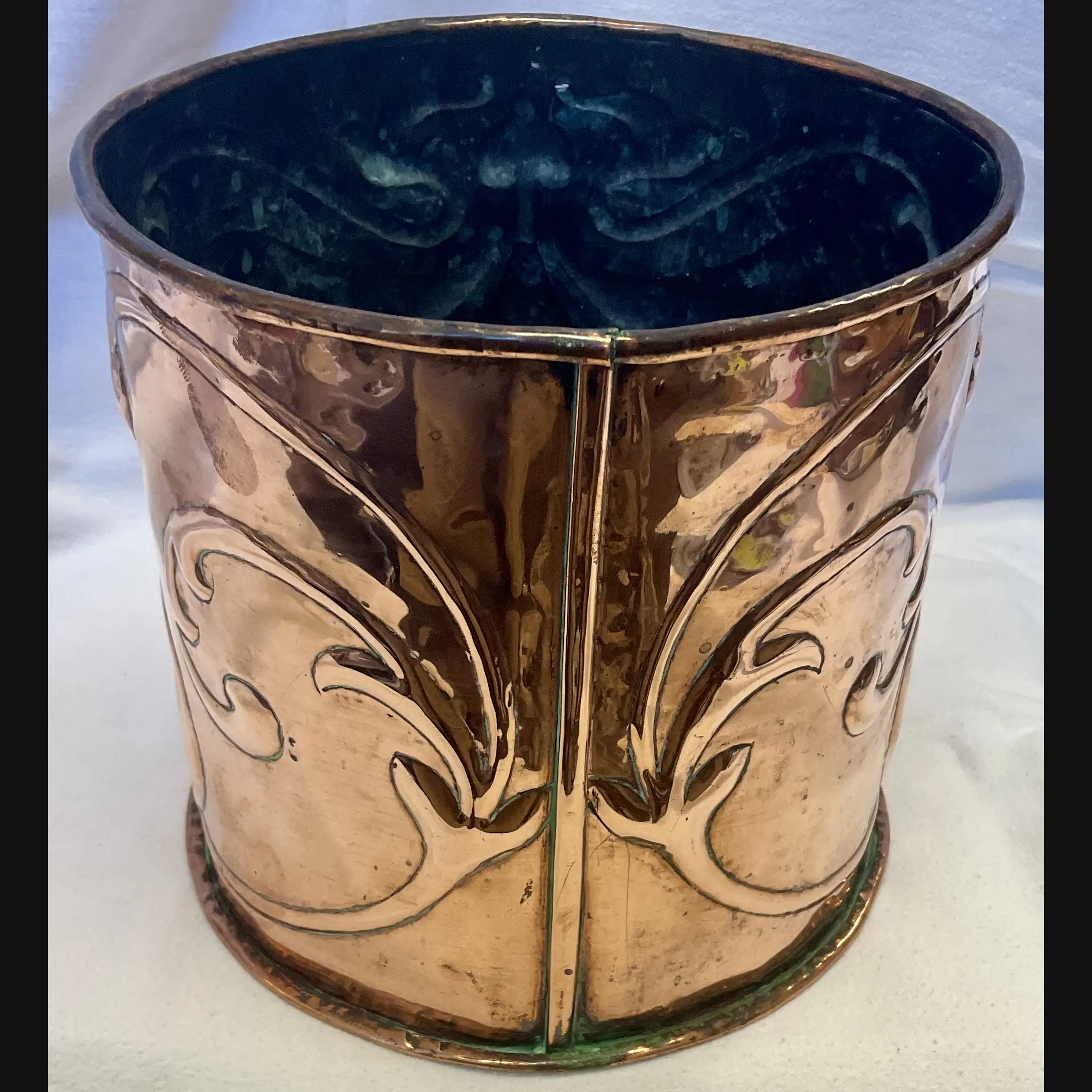 arts and crafts copper planter with art nouveau decoration c1910