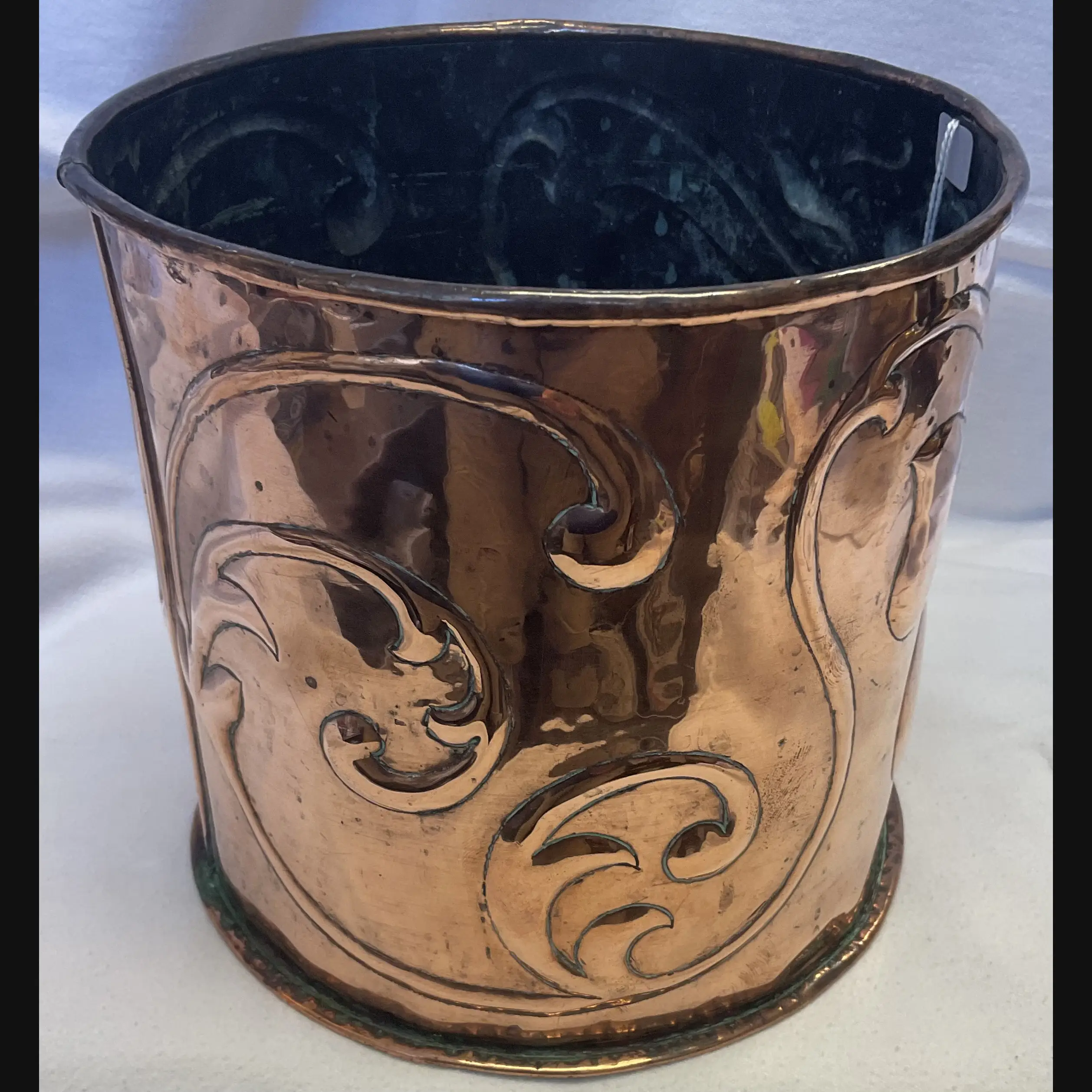 arts and crafts copper planter with art nouveau decoration c1910