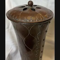 large arts and craft pierced copper covered vase in mixed metals in the manner of yattendon