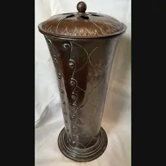 large arts and craft pierced copper covered vase in mixed metals in the manner of yattendon