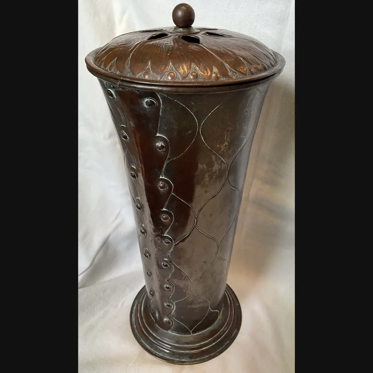large arts and craft pierced copper covered vase in mixed metals in the manner of yattendon
